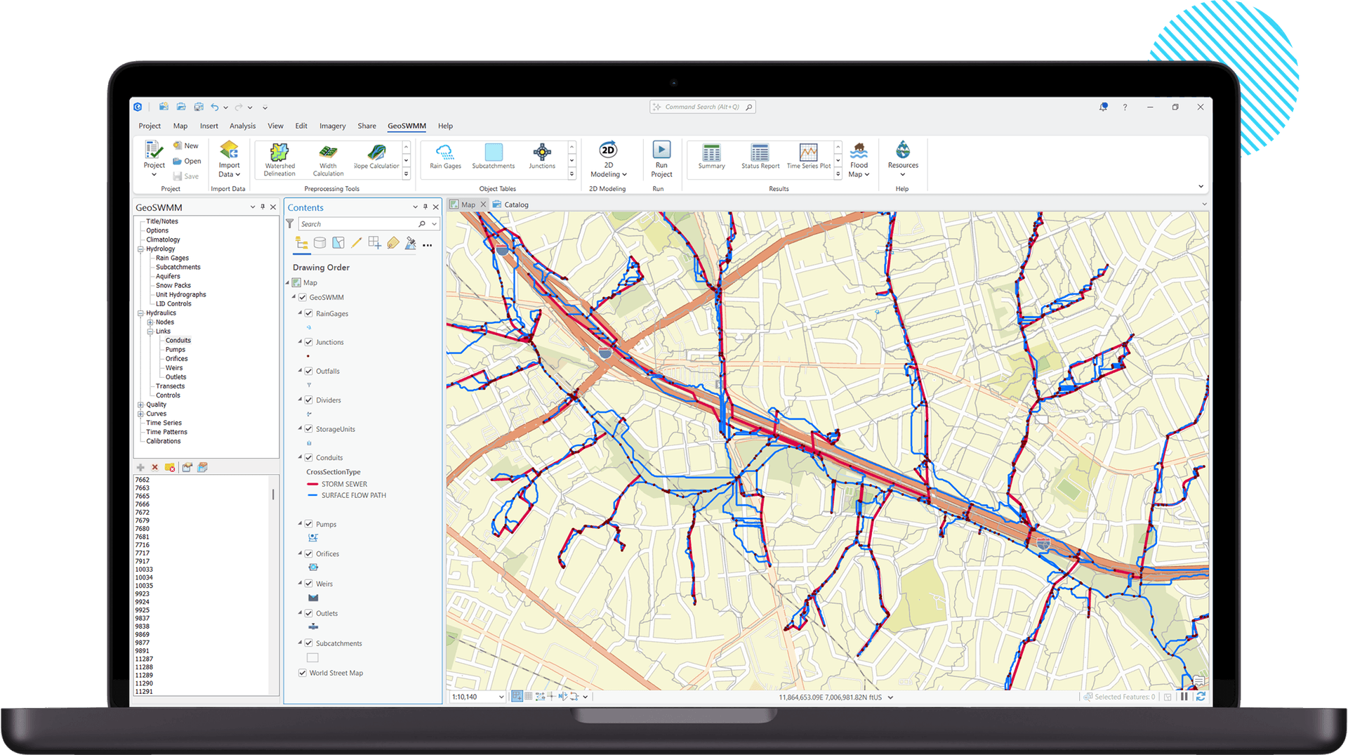 Seamless Stormwater Modeling with GeoSWMM GeoSWMM software interface used for stormwater management and flood analysis in ArcGIS Pro