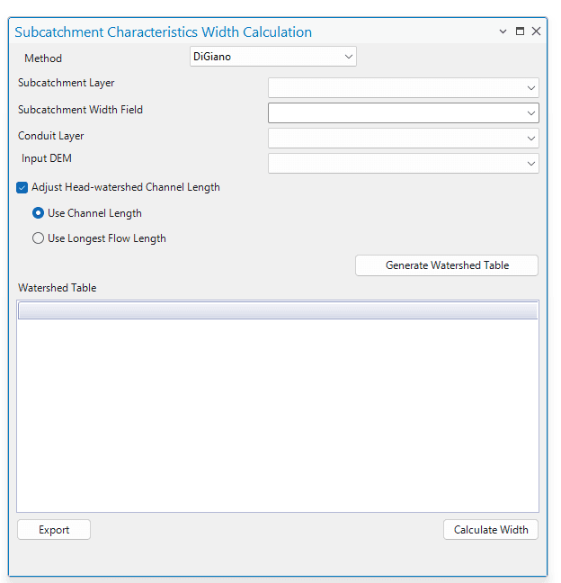 Fig.103: Subcatchment Characteristic Width Calculation Tool window using DiGiano method