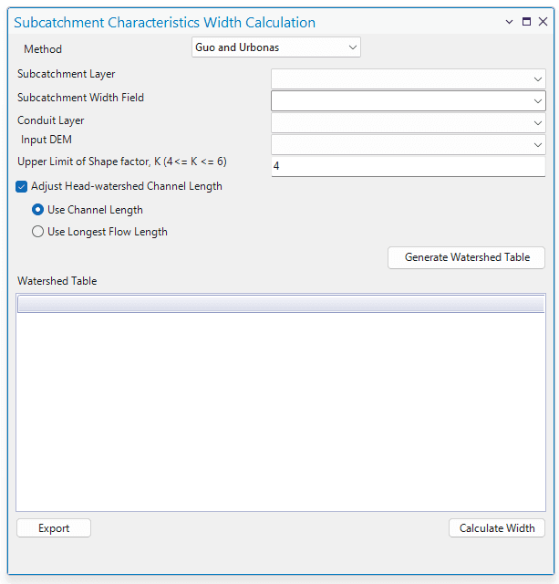 Fig.105: Subcatchment Characteristic Width Calculation Tool window using Guo and Urbonas method
