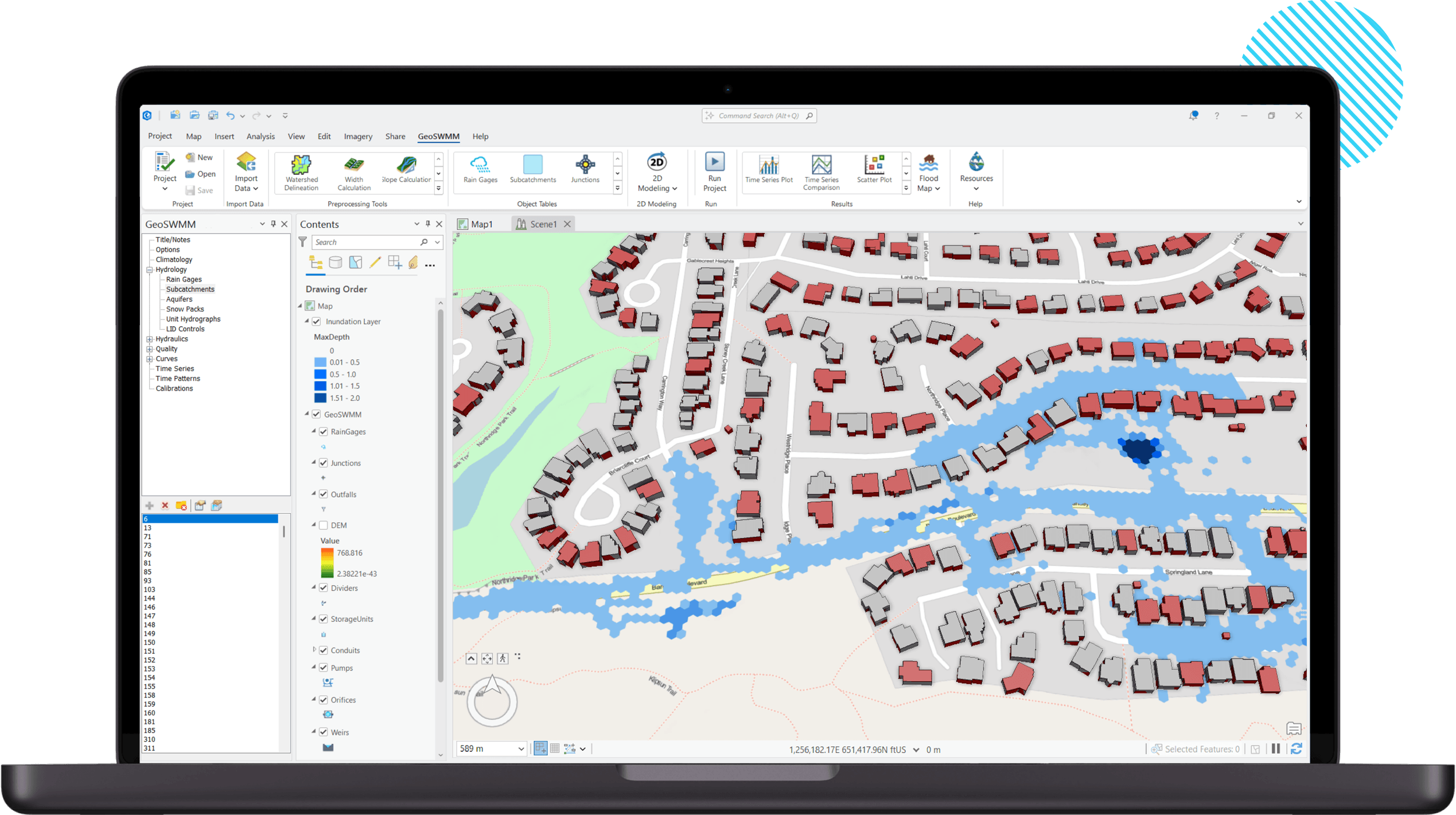 GeoSWMM Software for Urban Flood and Stormwater Analysis GeoSWMM software 2D modeling with building-level flood depth classification