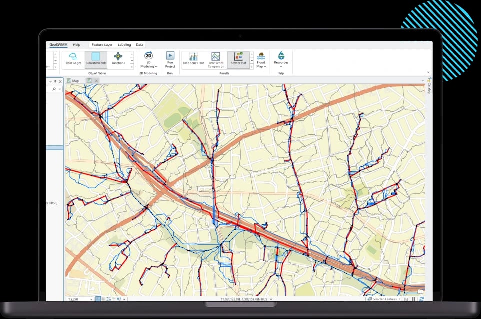 Seamless Stormwater Modeling with GeoSWMM GeoSWMM software interface used for stormwater management and flood analysis in ArcGIS Pro